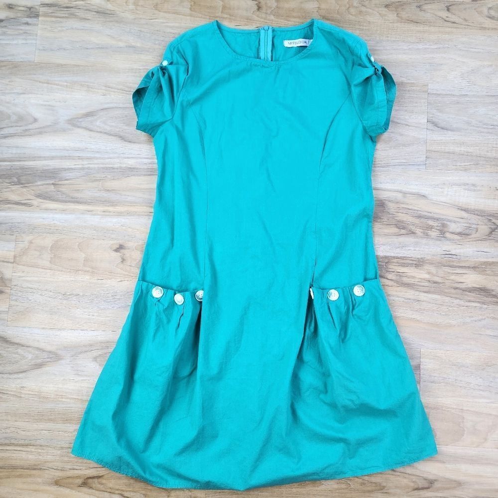 🍑Teal Button Tab Short Sleeve Dress Medium - Picture 4 of 14